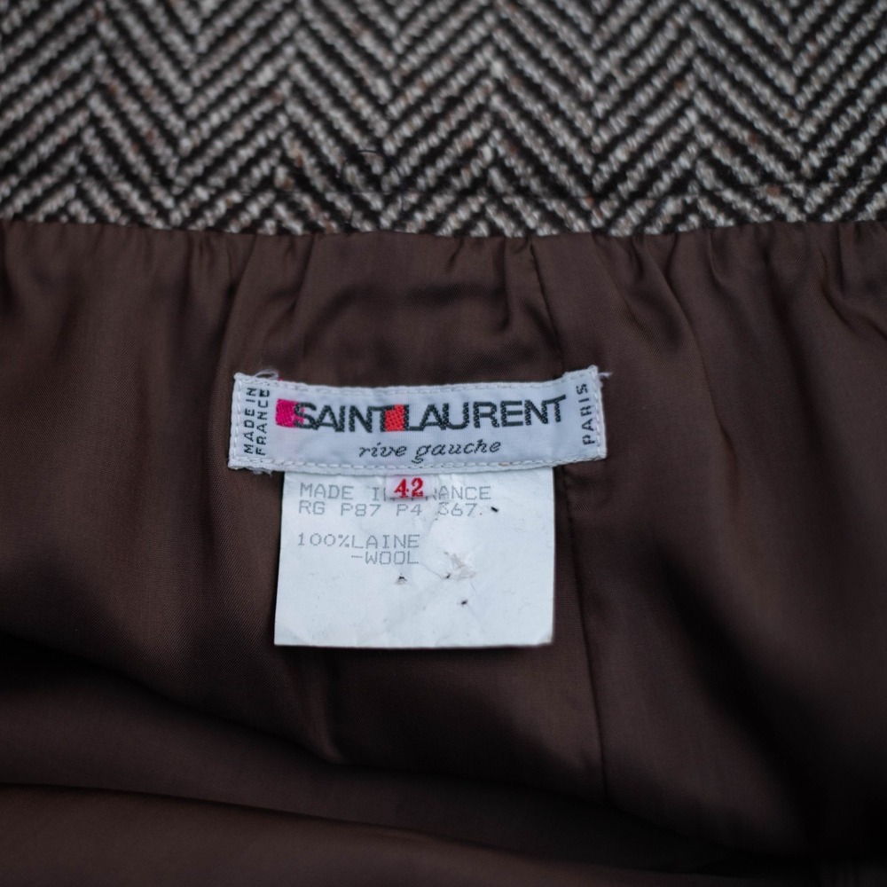 Saint Laurent Rive Gauche Wool Leather Mini Skirt 42 France Brown‎ Chevron VTG